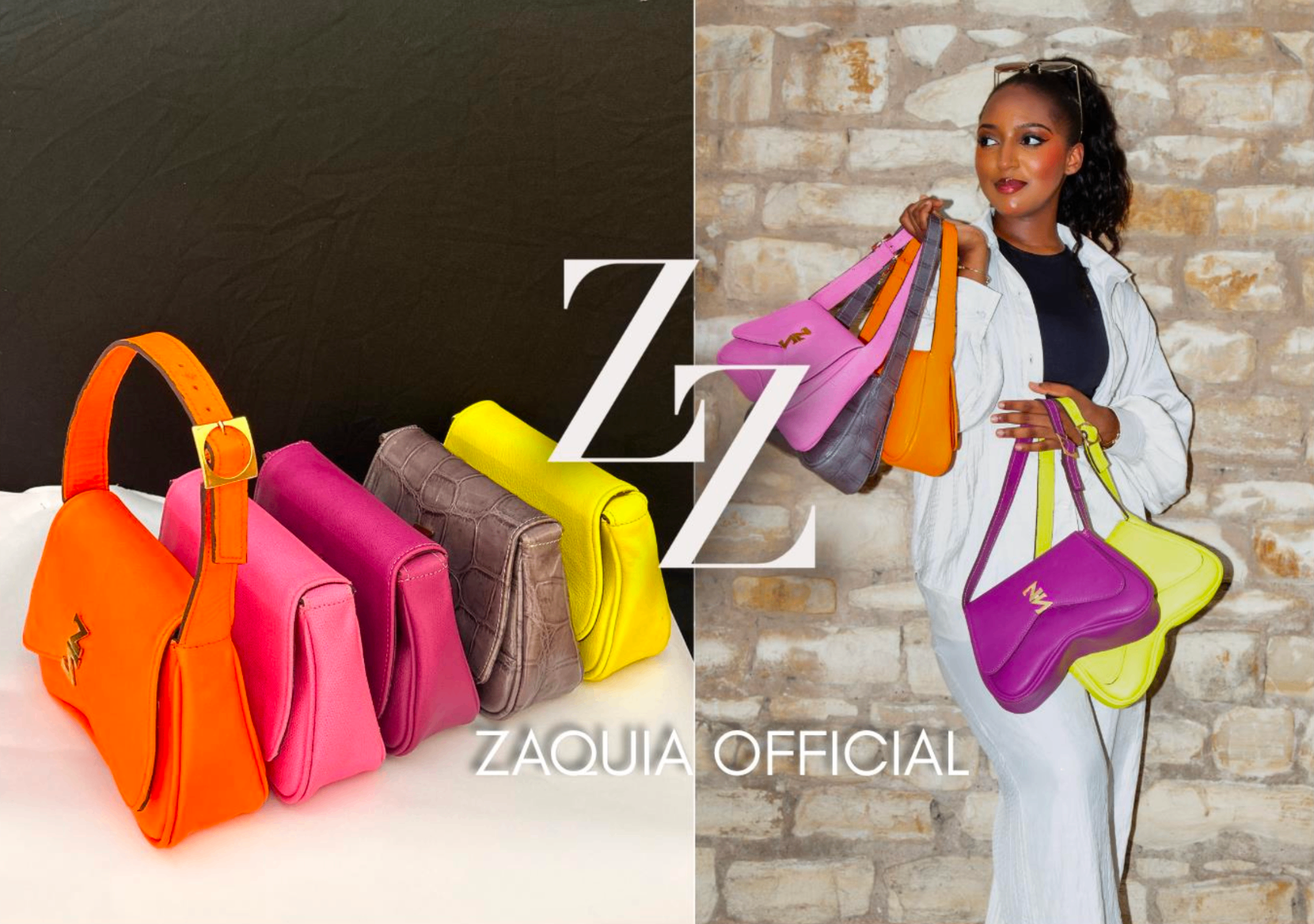 The Zaquia Official lineup — handmade leather bags in vivid colour